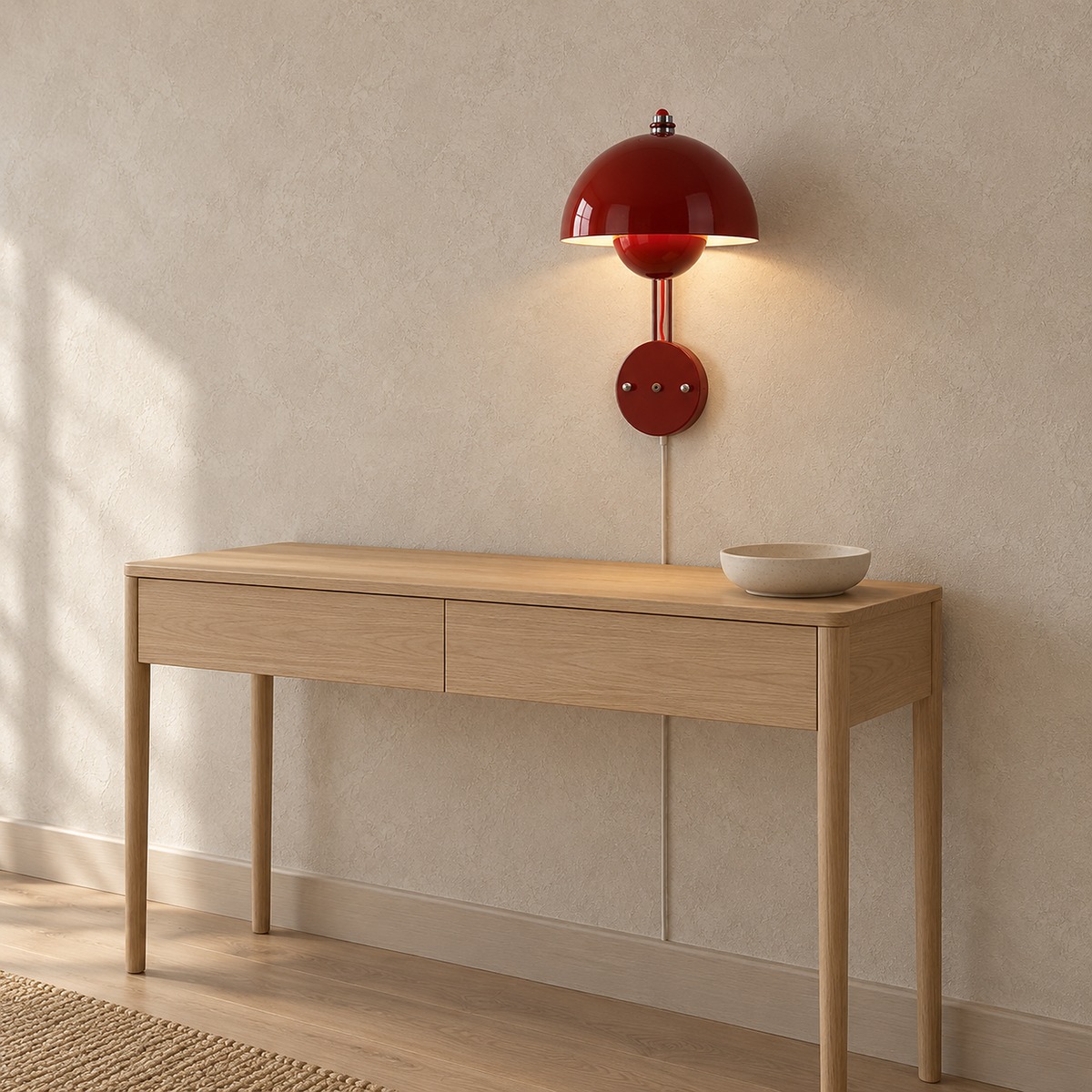 Lasorme red plug in wall light glowing above an entryway console in daylight #color_red