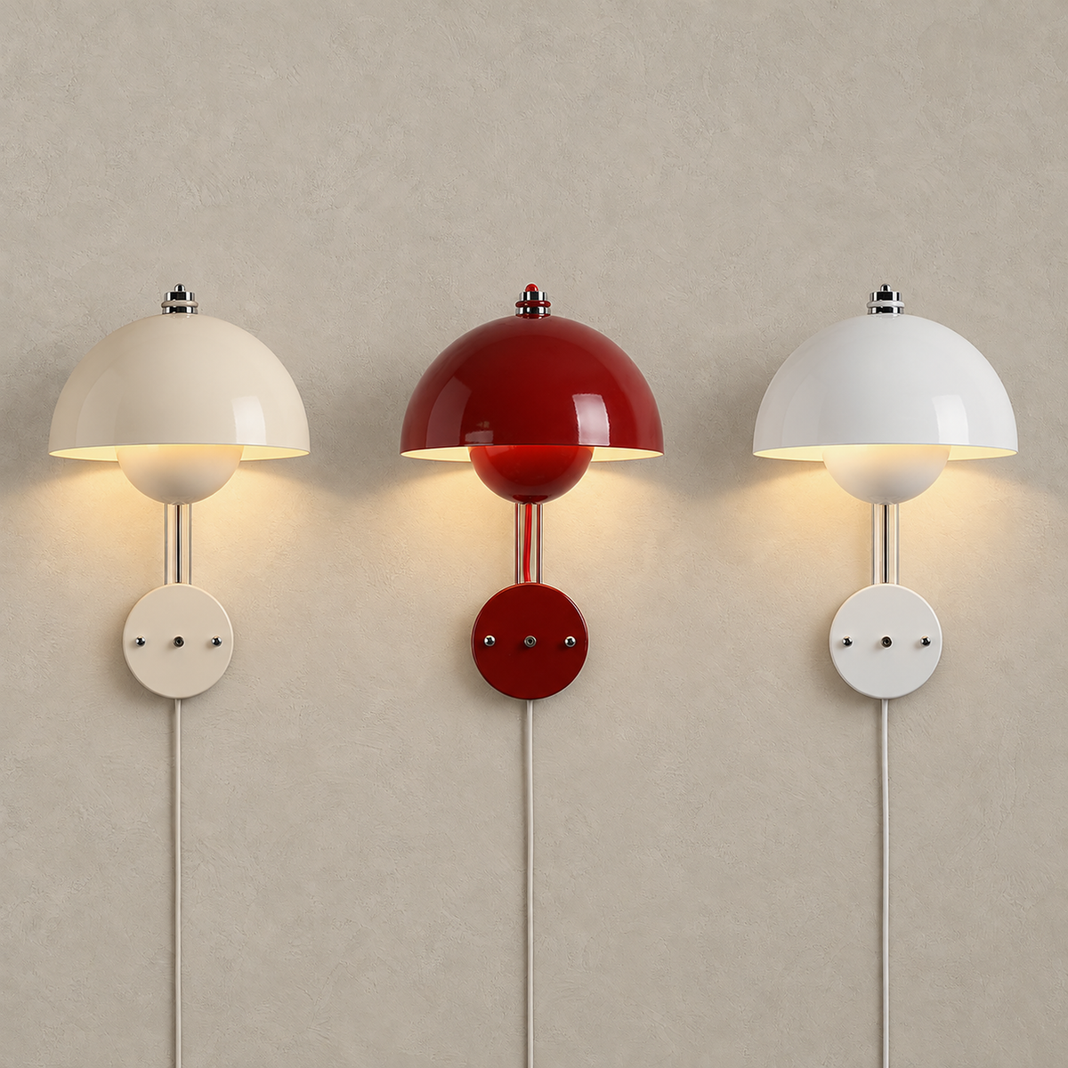 Lasorme wall sconce in cream, red and white, all three lit side by side