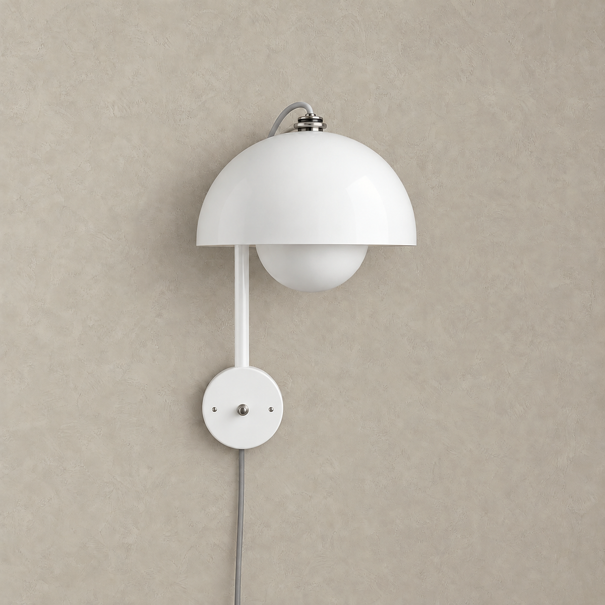 Lasorme white plug in wall light with a painted dome shade, unlit on a plain backdrop #color_white