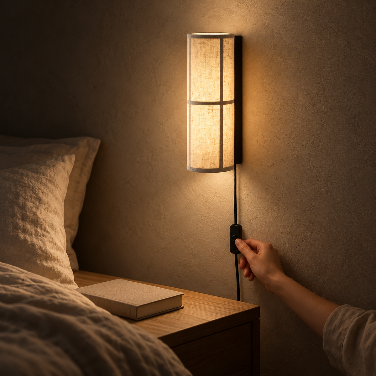 Lassivor white bedside wall light casting soft light over a bed at night