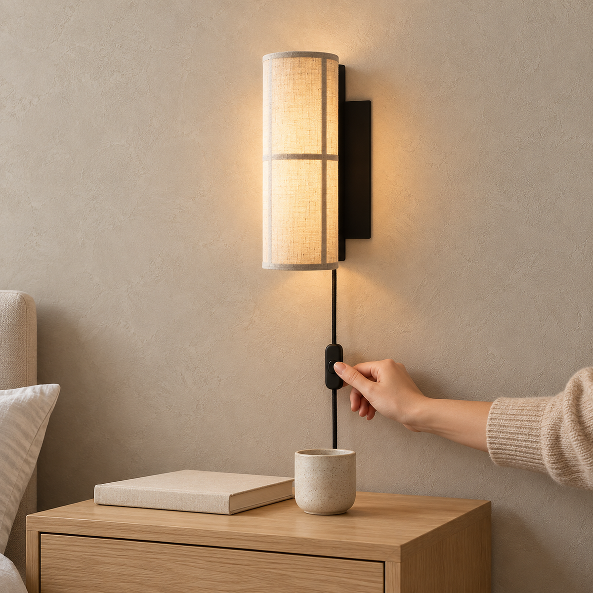 Lassivor white bedside wall light glowing with space left for everyday belongings
