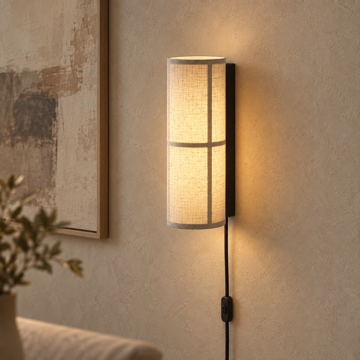 Lassivor white plug in wall light close up on the glowing shade and its supports