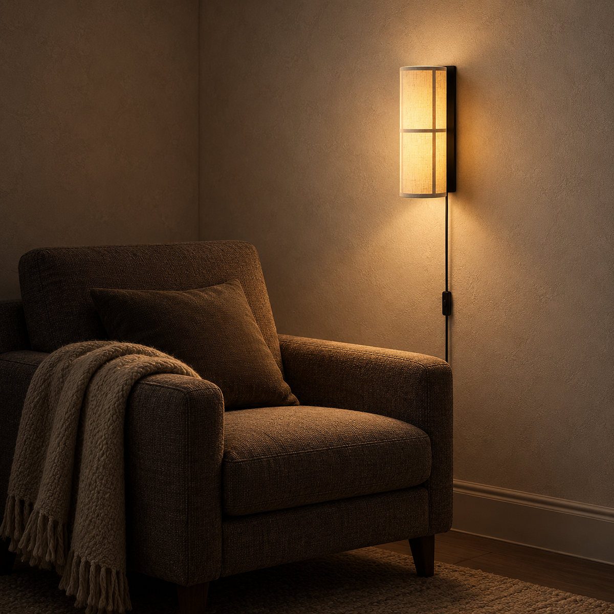 Lassivor white wall sconce softly lighting an armchair corner at night