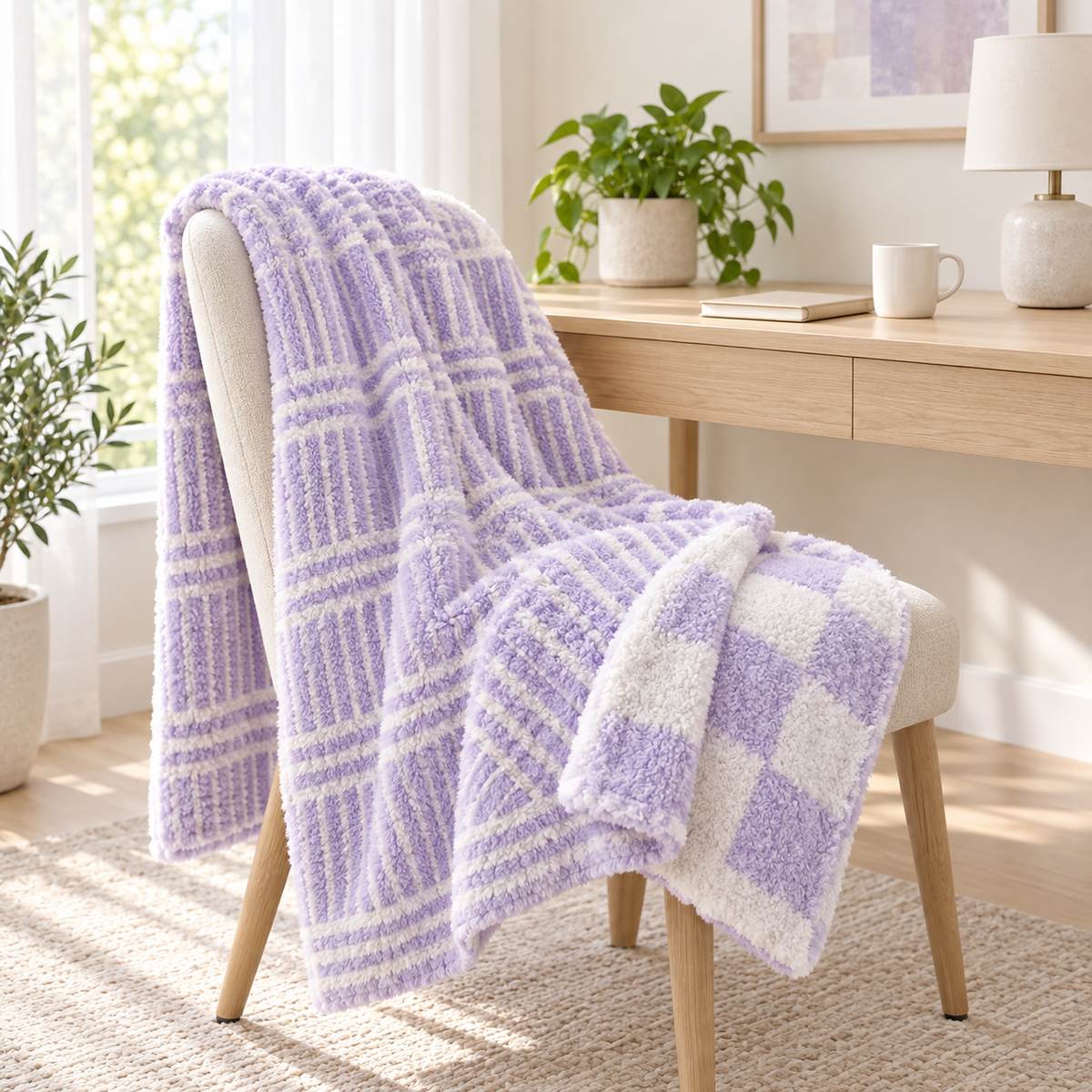 Lavimera two color knit throw blanket folded back to show the striped grid face and checkerboard reverse