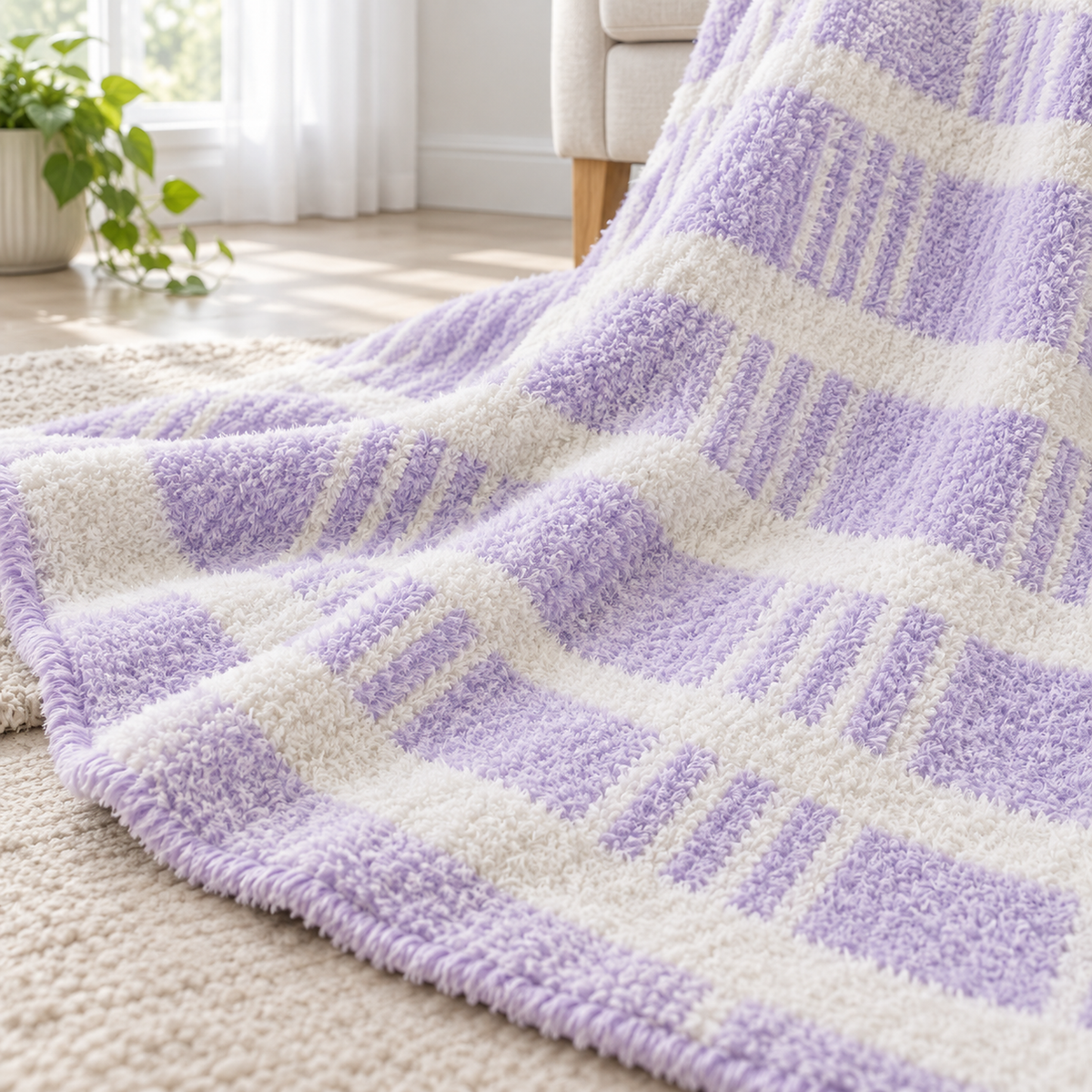 Lavimera two color plush throw blanket close up of the fuzzy striped grid feather yarn surface