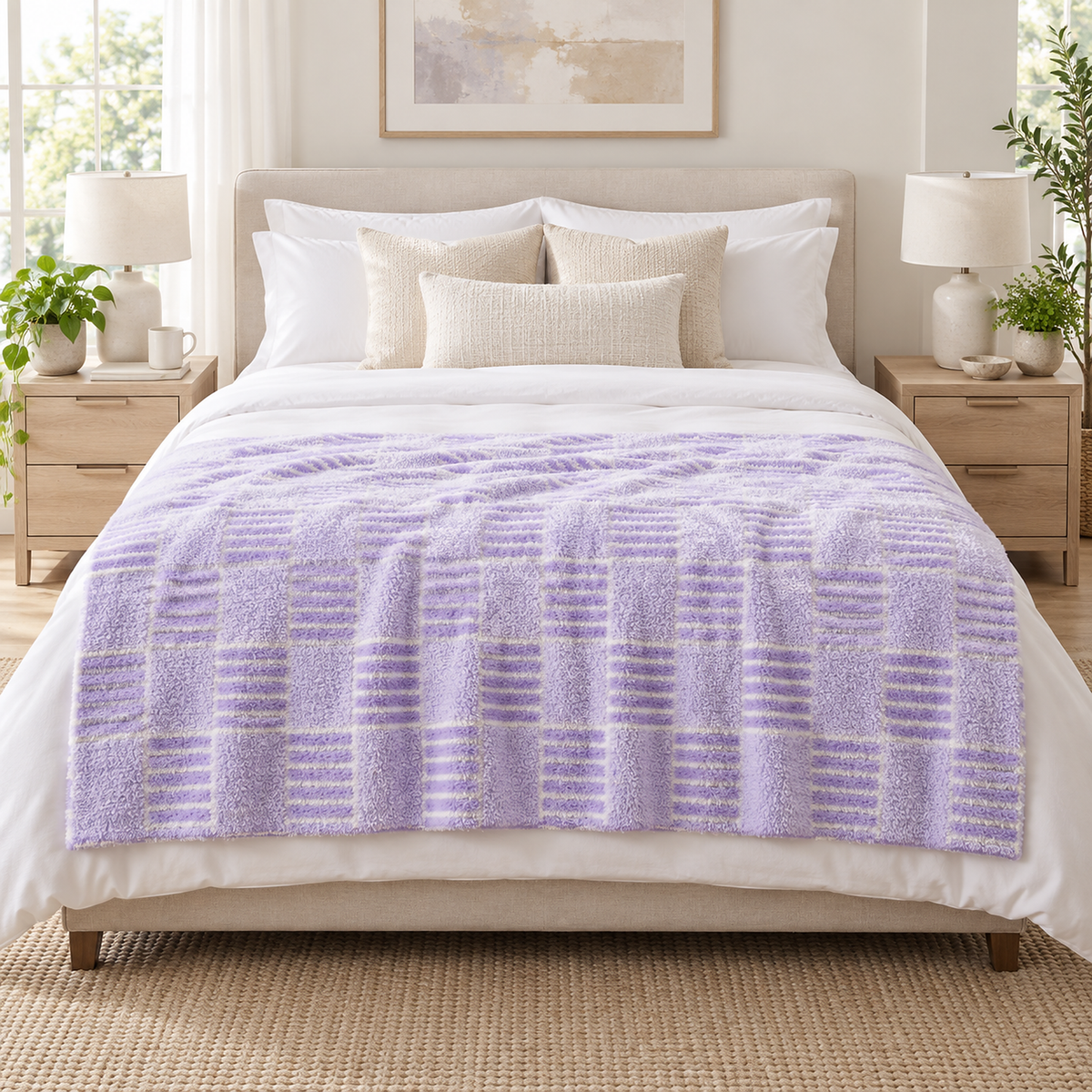 Lavimera two color plush throw blanket spread open across the foot of a bed in the main bedroom