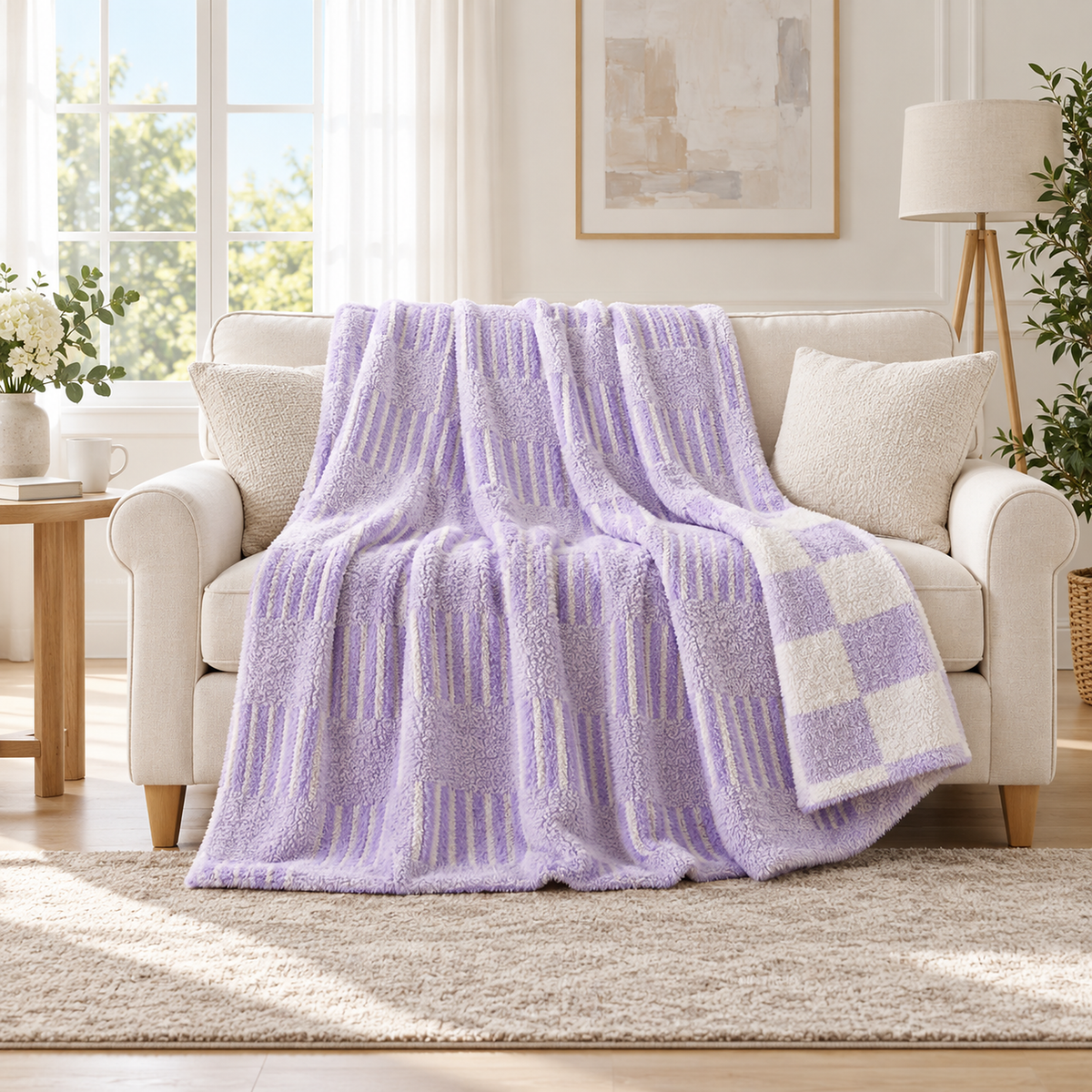 Lavimera heather cream throw blanket for couch draped open to show its fit across a loveseat