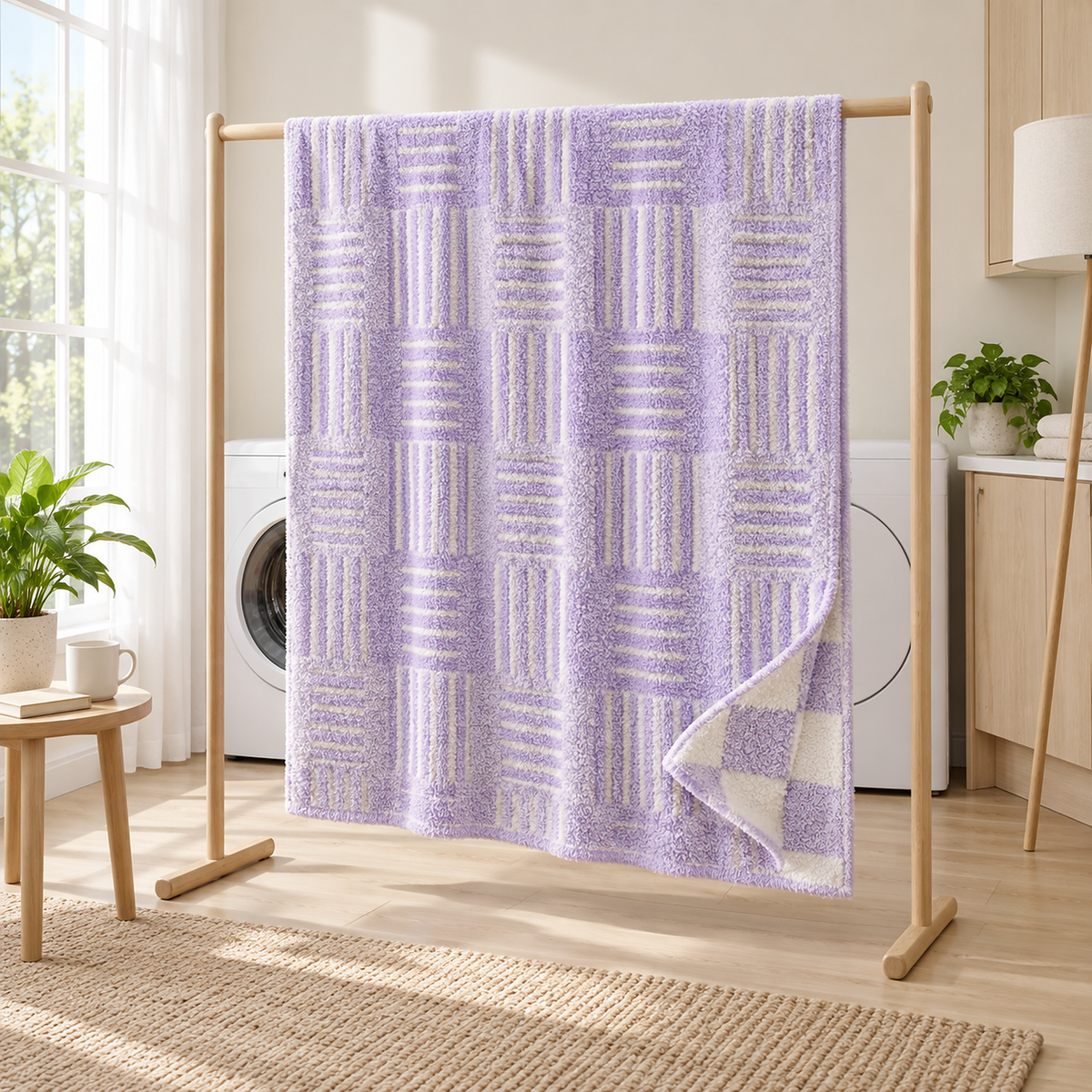 Lavimera two color throw blanket hanging open on a drying rail in a bright laundry room