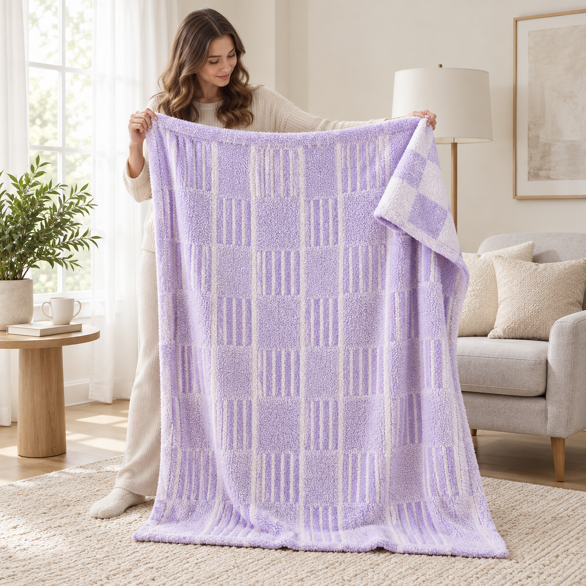 Lavimera two color throw blanket held open beside a reading chair in a family lounge