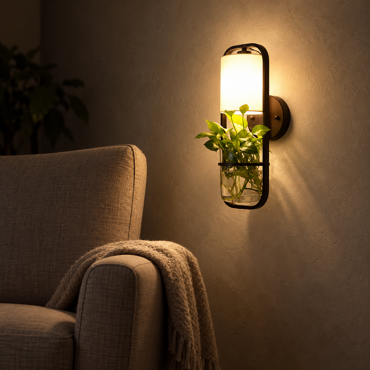 Lavirelo black bedside wall light softly lighting plants beside an armchair in a reading corner at night