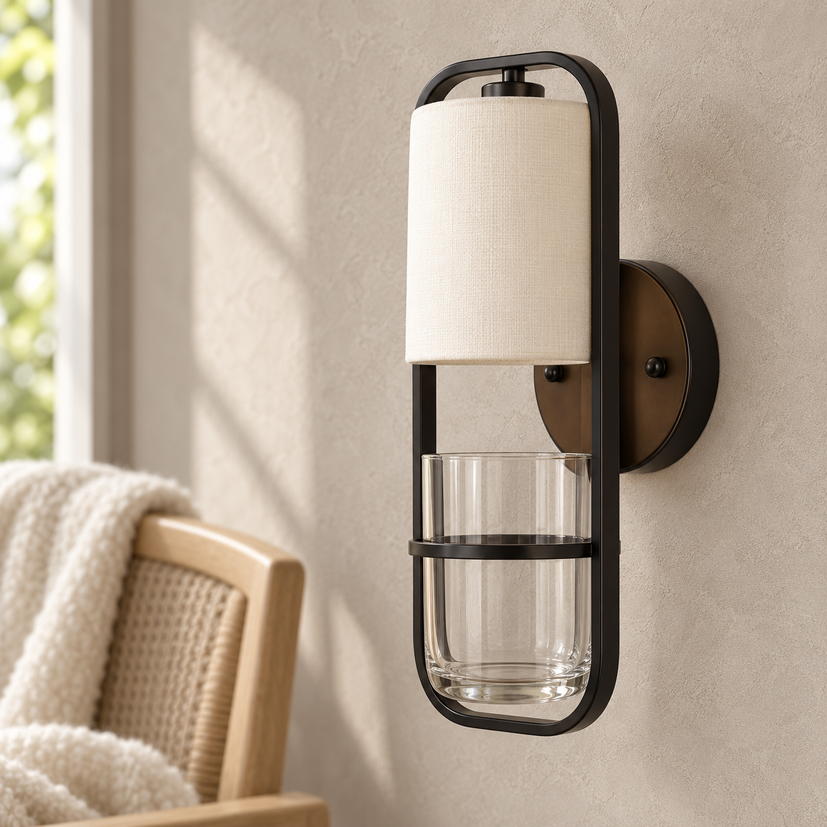 Lavirelo black hardwired wall light, close view of the metal shade frame and round backplate