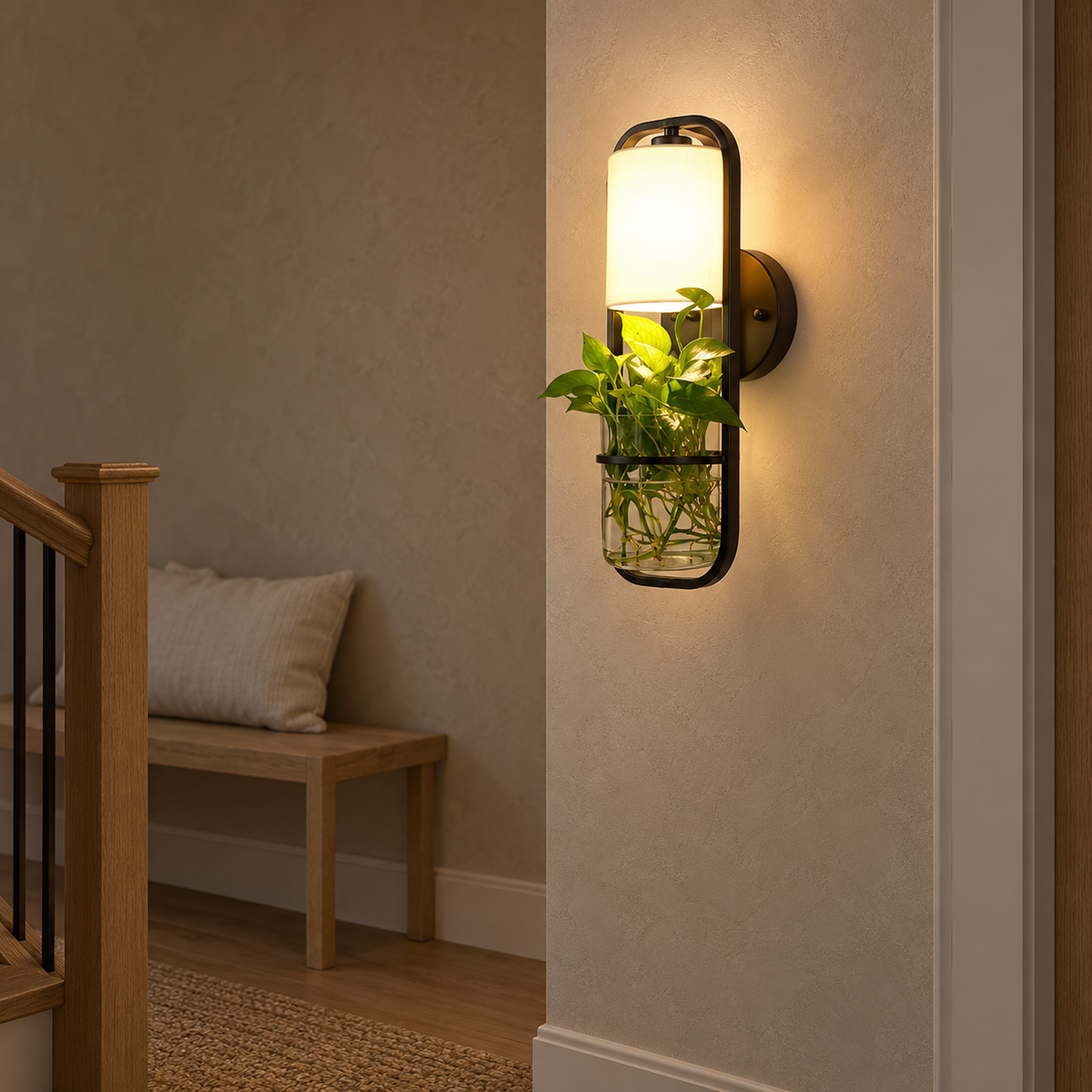 Lavirelo black hardwired wall sconce lit on a narrow stair landing wall