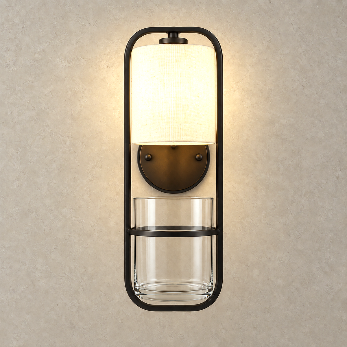 Lavirelo black wall lamp glowing through its pale textured shade above the empty glass vessel