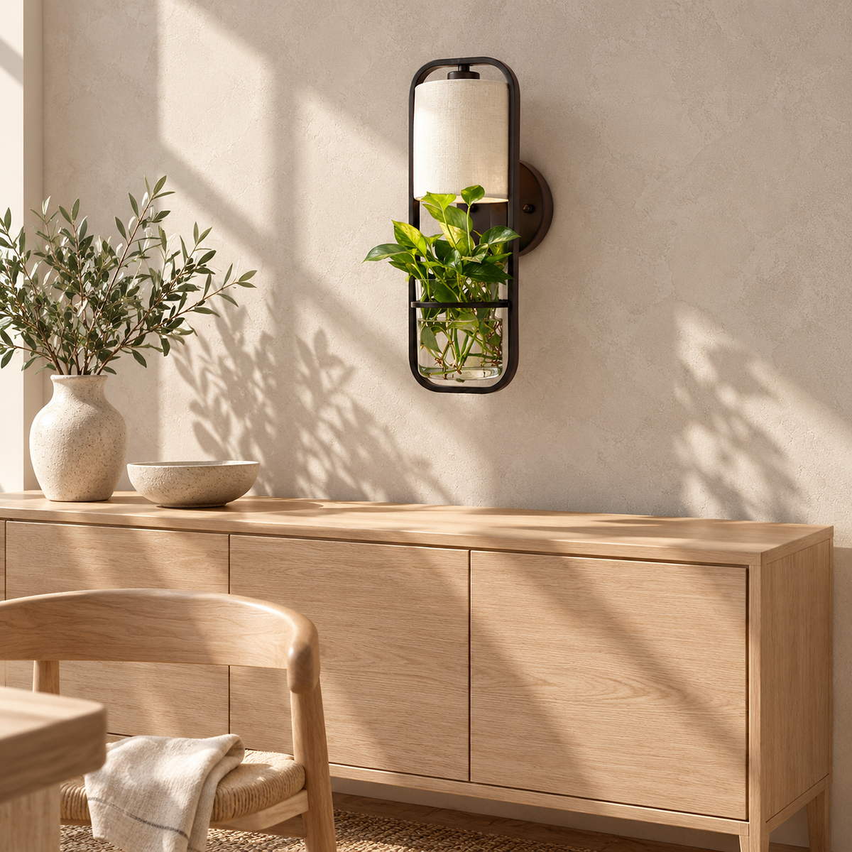Lavirelo black wall lamp, unlit, mounted above a sideboard in a daytime dining room