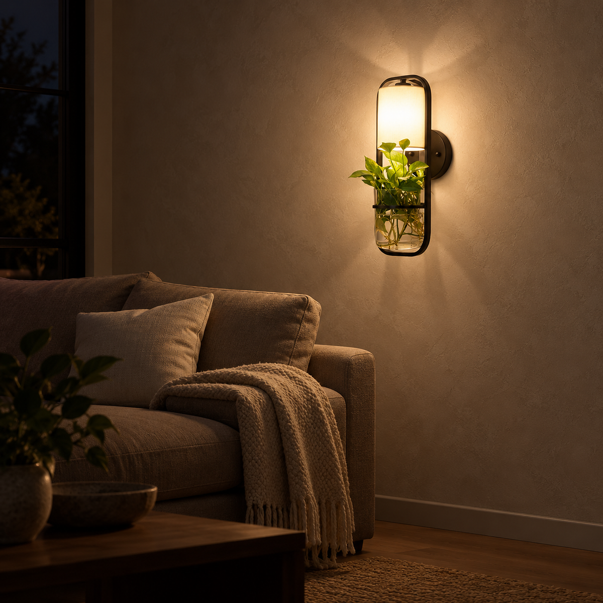 Lavirelo black wall light glowing beside a living room sofa at night