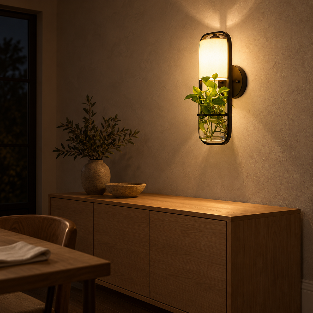 Lavirelo black wall light lighting up greenery above a dining room sideboard at night