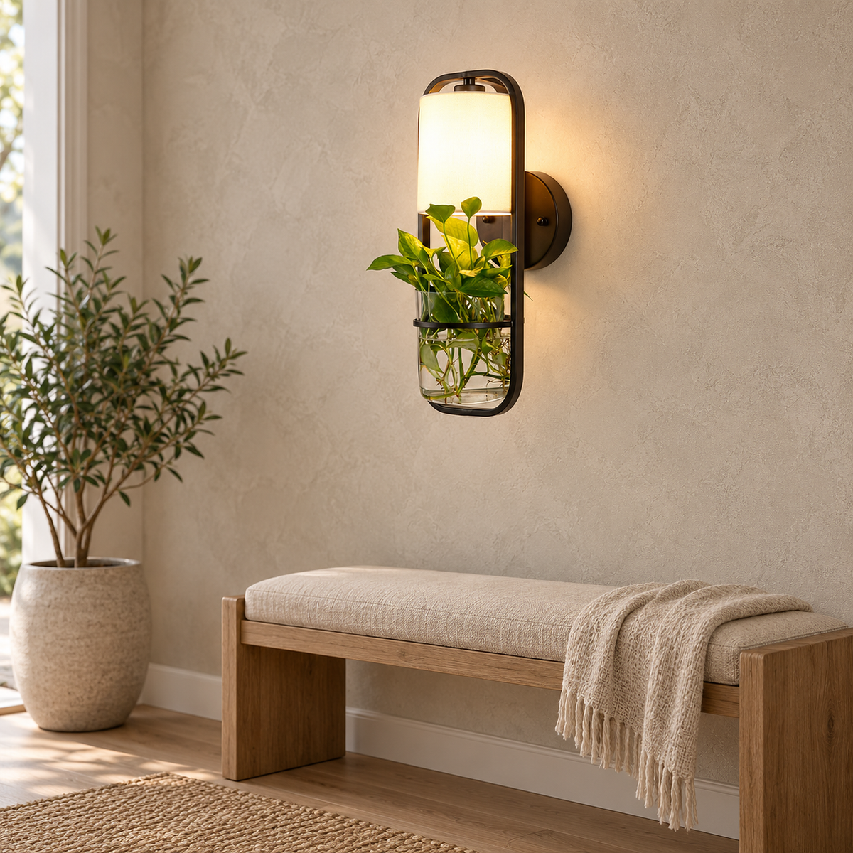 Lavirelo black wall sconce lit in an entryway, showing the round backplate on a bare wall