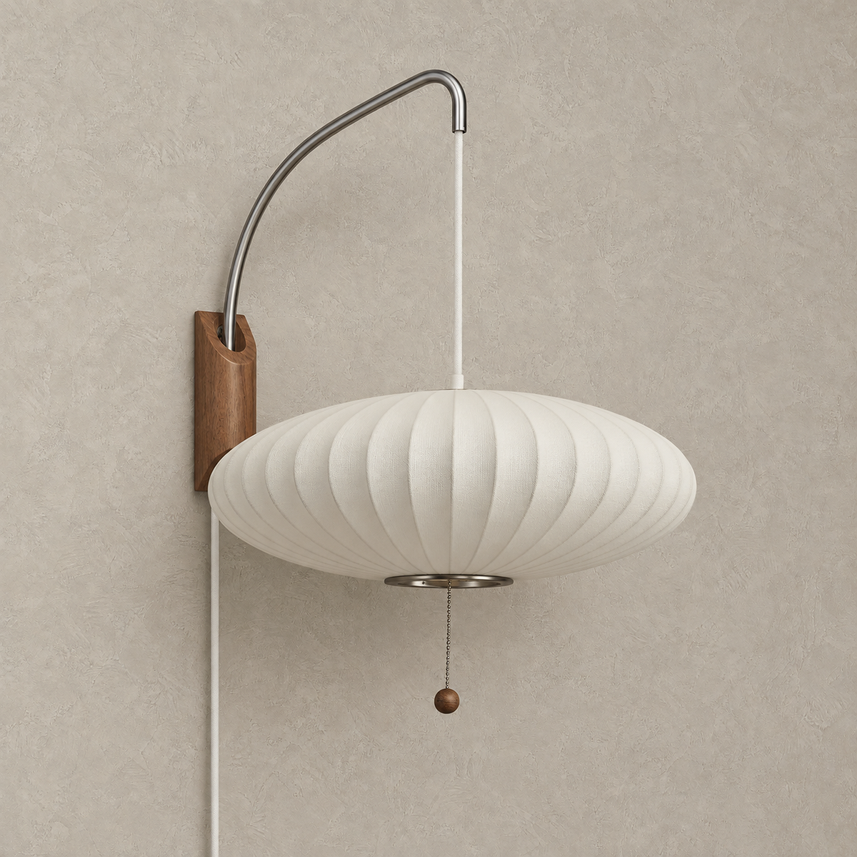 Lavomel chrome and walnut tone plug in wall sconce, unlit with a broad ribbed fabric shade