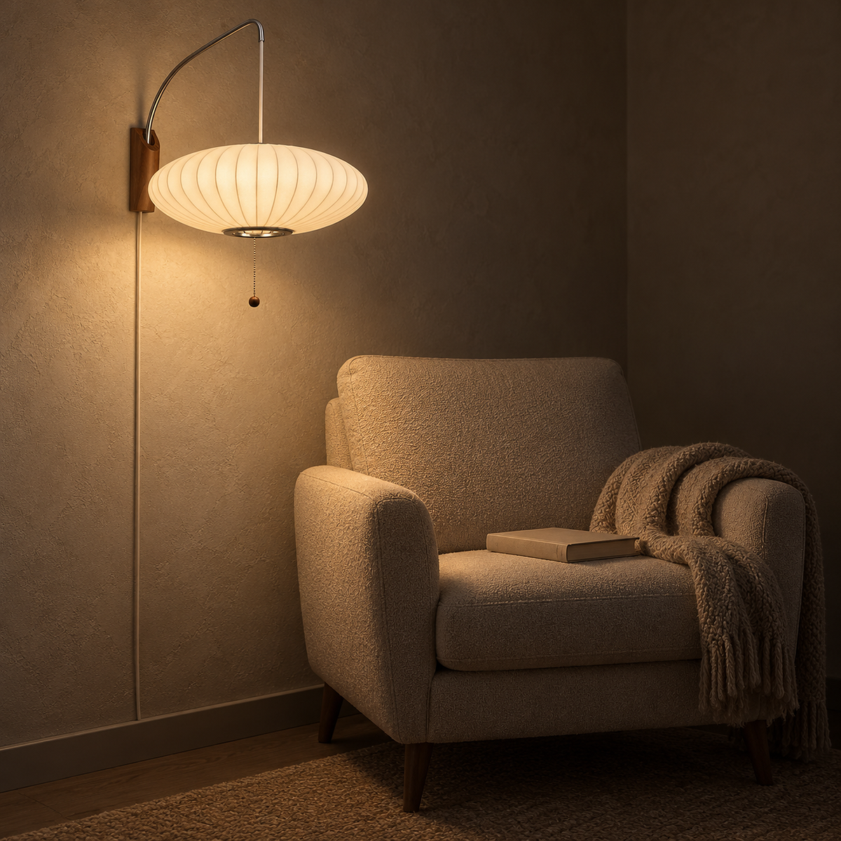Lavomel chrome and walnut tone led wall sconce lit beside an armchair in an evening reading corner