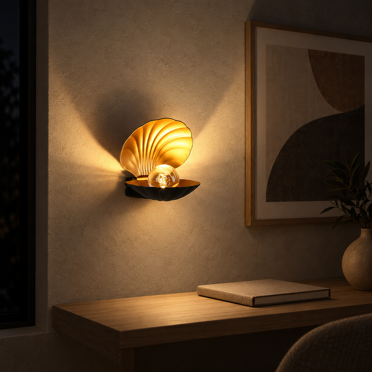 Leravio black LED wall sconce lighting a study artwork after dark