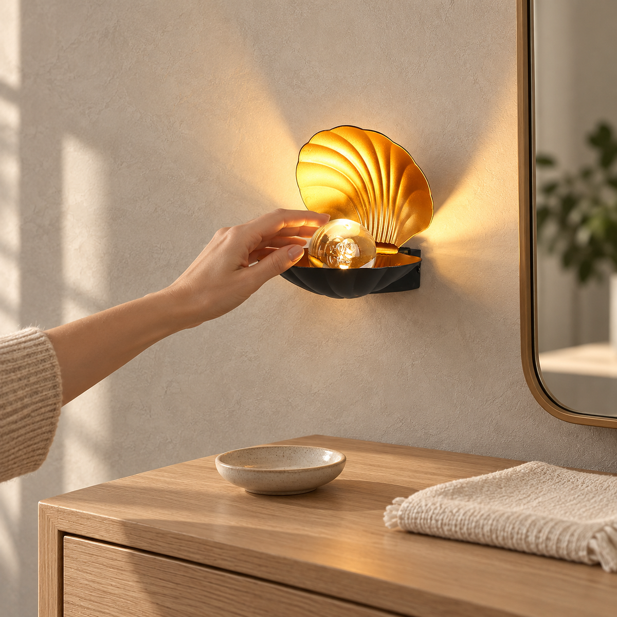Leravio black LED wall sconce lit above a bedroom dresser leaving the top free