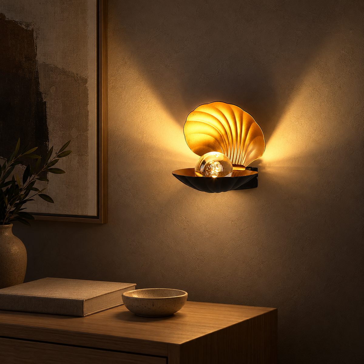 Leravio black LED wall sconce spreading light beside living room artwork at night