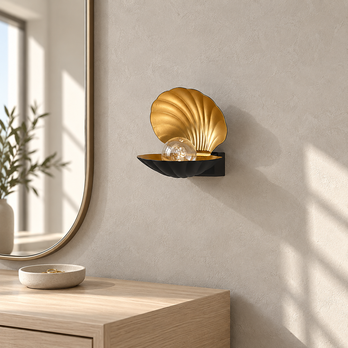 Leravio black LED wall sconce unlit beside a dressing room mirror in daylight