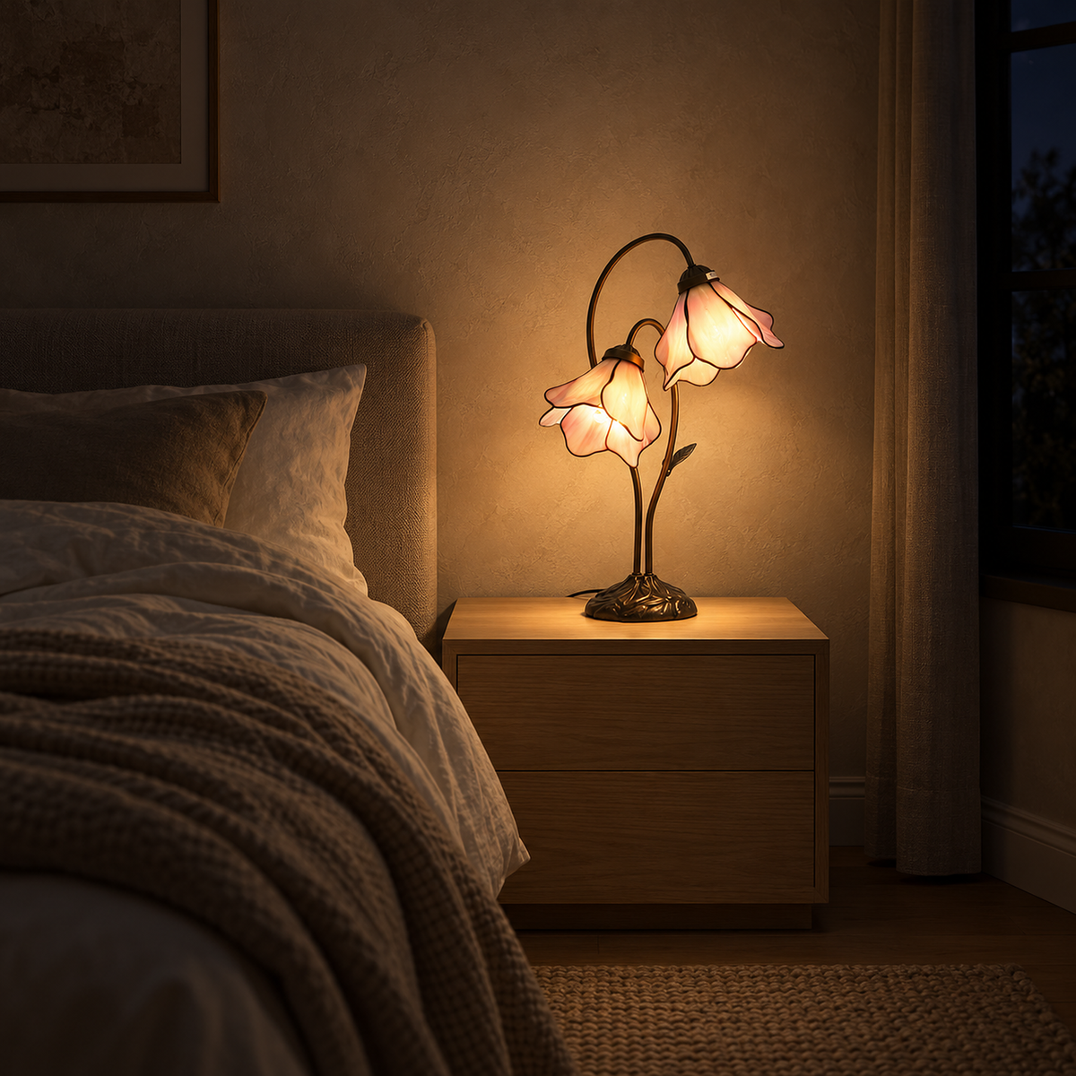 Linavor pink bedside lamp casting light onto a nightstand in a bedroom at night