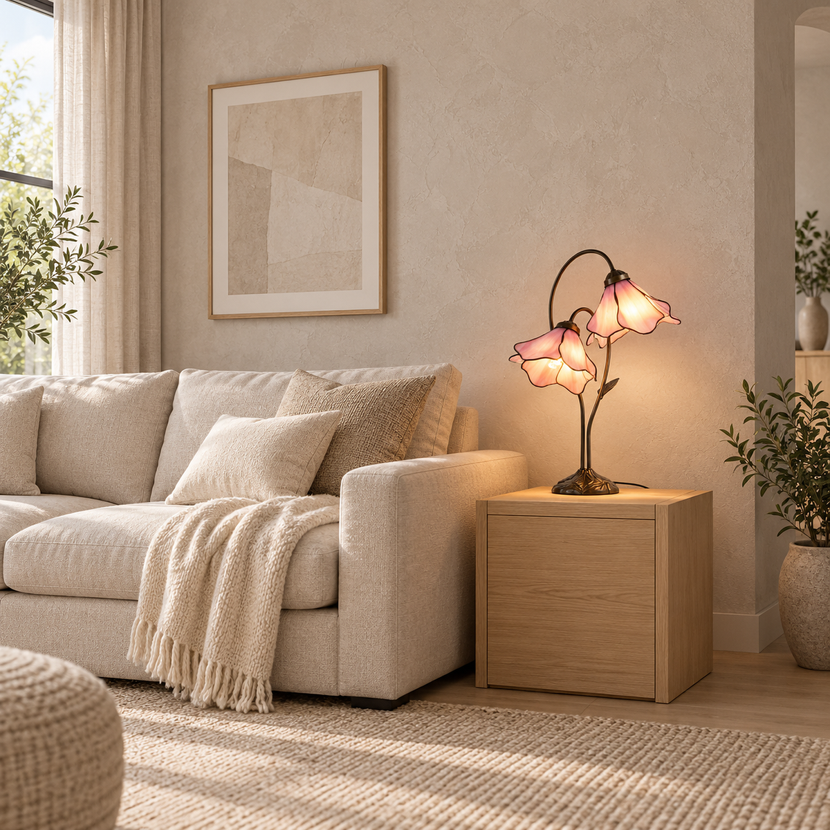 Linavor pink table lamp glowing beside an oatmeal sofa in a daytime living room