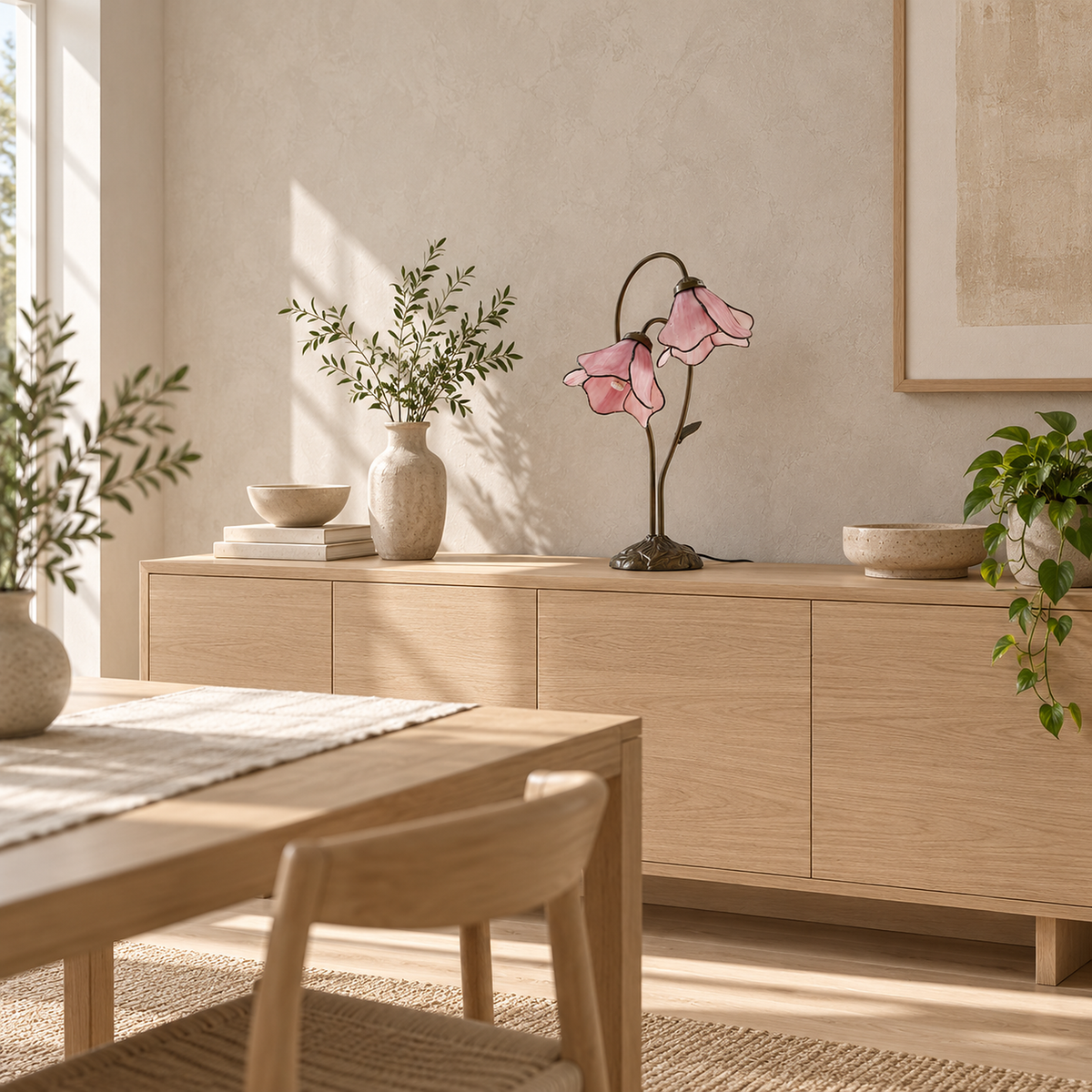 Linavor stained glass table lamp in pink, switched off and displayed on a dining room sideboard