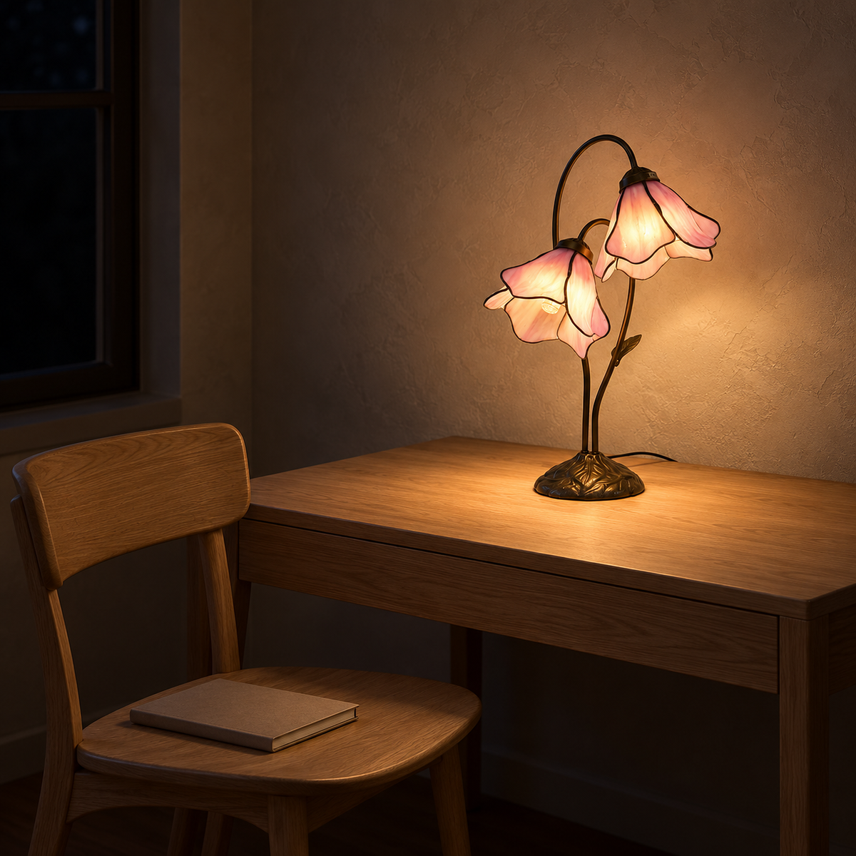 Linavor stained glass table lamp in pink with glowing flowers lighting a study after sunset