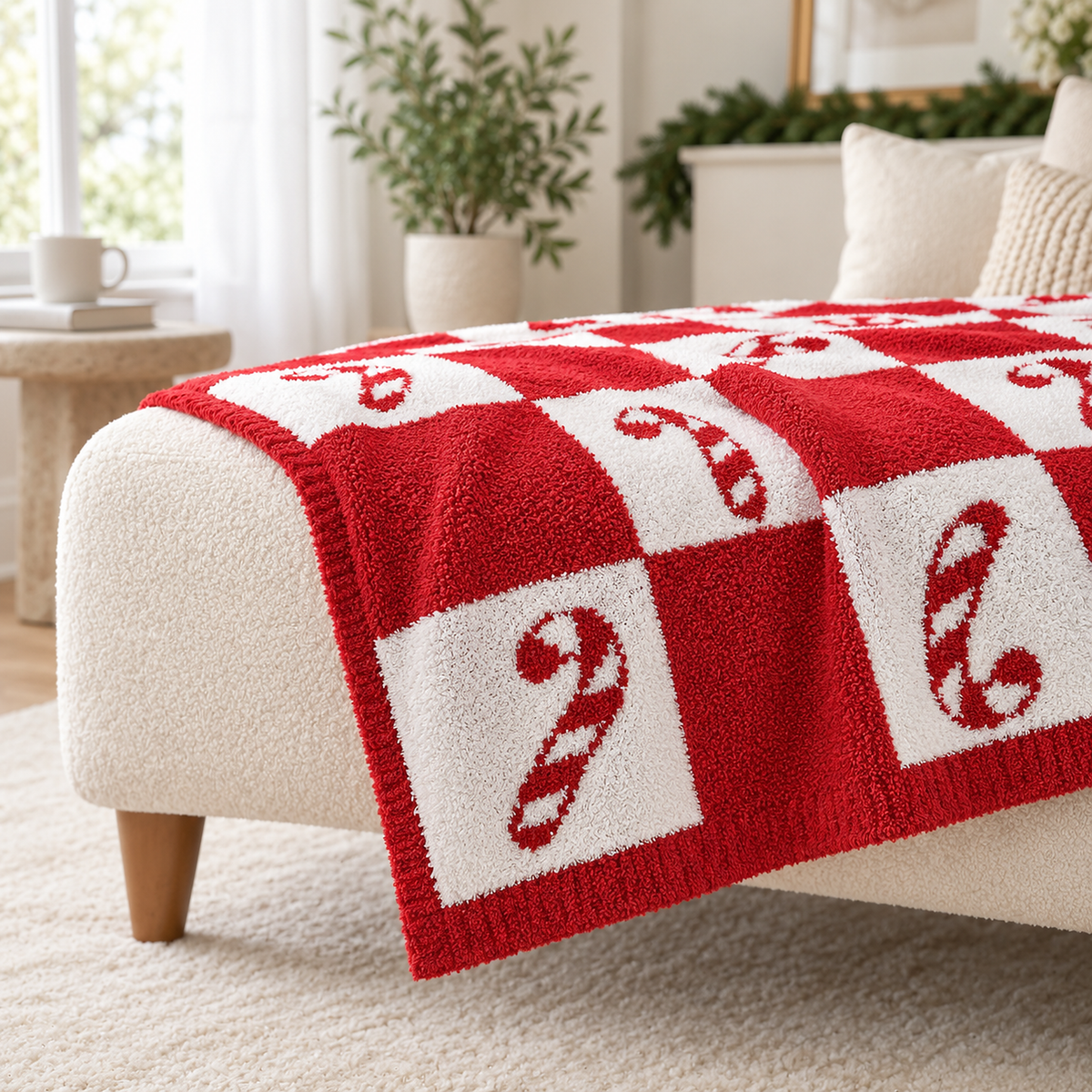 Linesoro red and white checkerboard christmas throw blanket in knitted flannel draped over an ivory bench