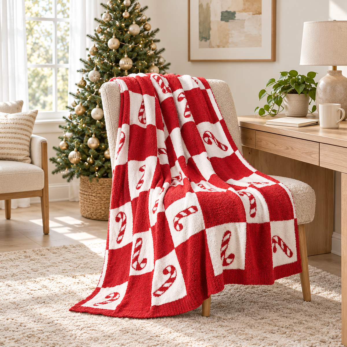 Linesoro red and white checkerboard candy cane throw blanket opened across a pale desk chair in a daylit study nook