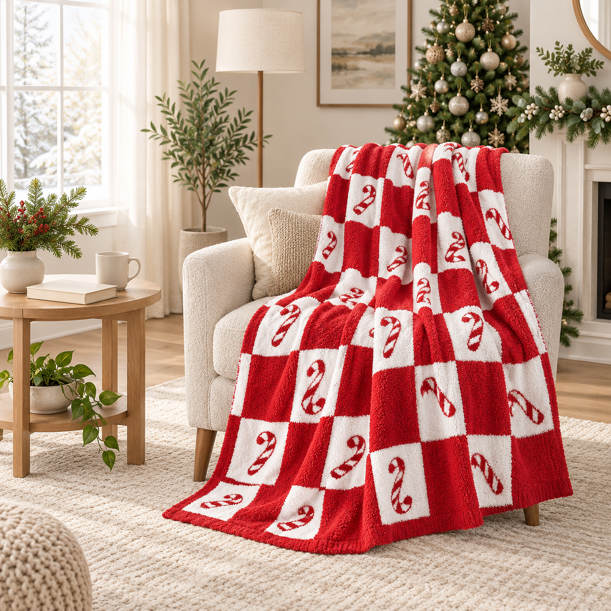 Linesoro red and white checkerboard candy cane plush throw blanket draped over a cream armchair