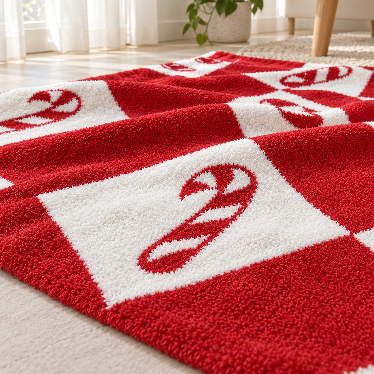 Linesoro red and white checkerboard throw blanket close up of a candy cane square and its fuzzy knitted surface