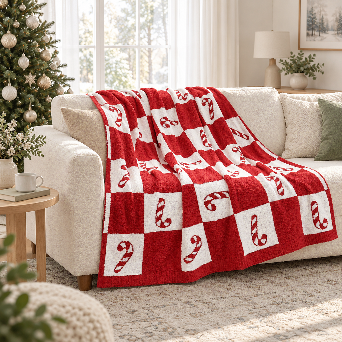 Linesoro red and white checkerboard throw blanket for couch with candy canes draped over an ivory living room sofa