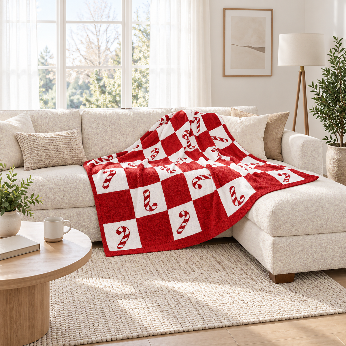 Linesoro red and white checkered candy cane throw blanket for couch spread over a cream sectional sofa and chaise