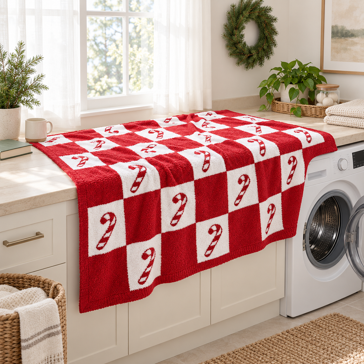 Linesoro red and white checkerboard throw blanket of 100 percent polyester beside a washer for hand or machine wash