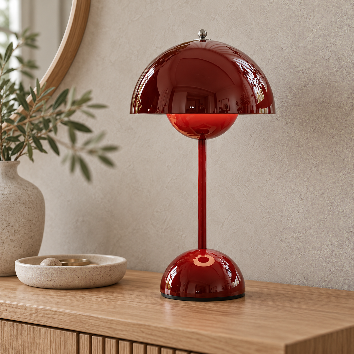 Linoveta red claret battery operated table lamp unlit, a close look at its rounded dome in an entryway