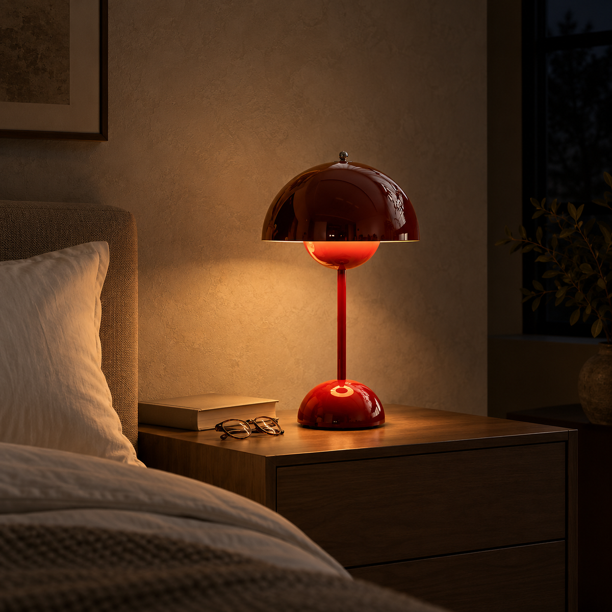Linoveta red claret bedside lamp casting a low warm glow in a guest bedroom at night