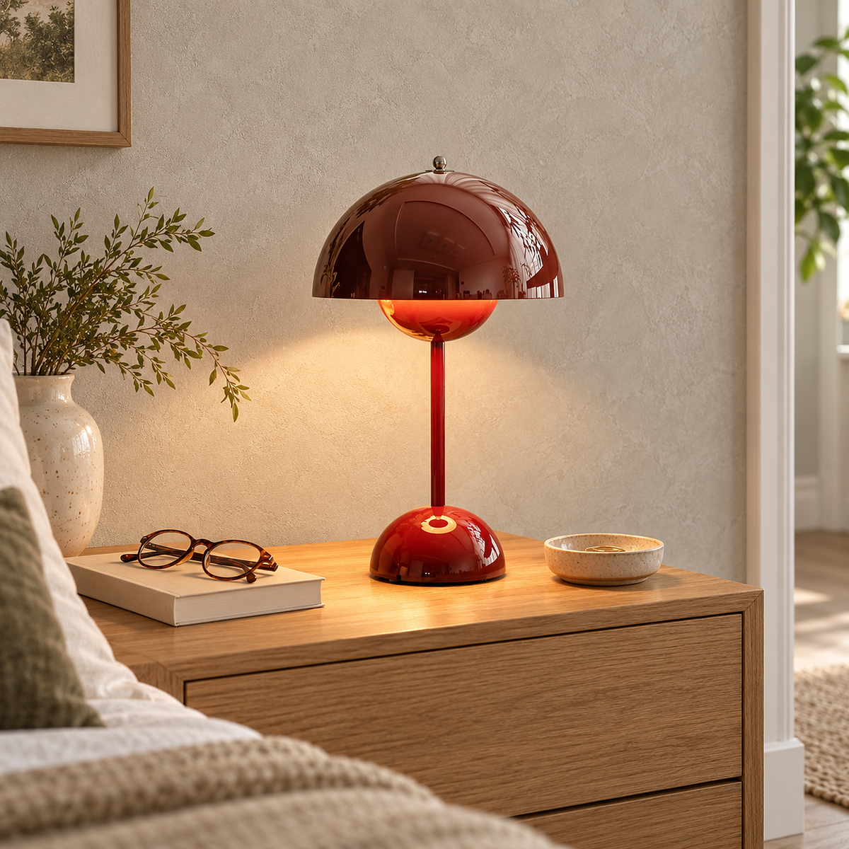 Linoveta red claret bedside lamp, its stable base set on a busy nightstand in a guest room