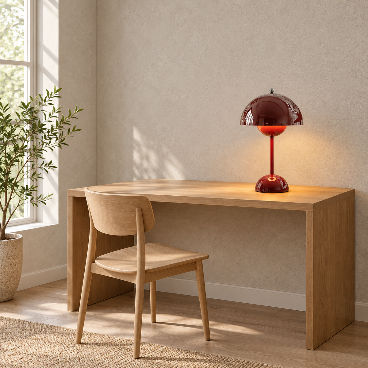 Linoveta red claret LED desk lamp illuminating a bare writing desk in a home office by day
