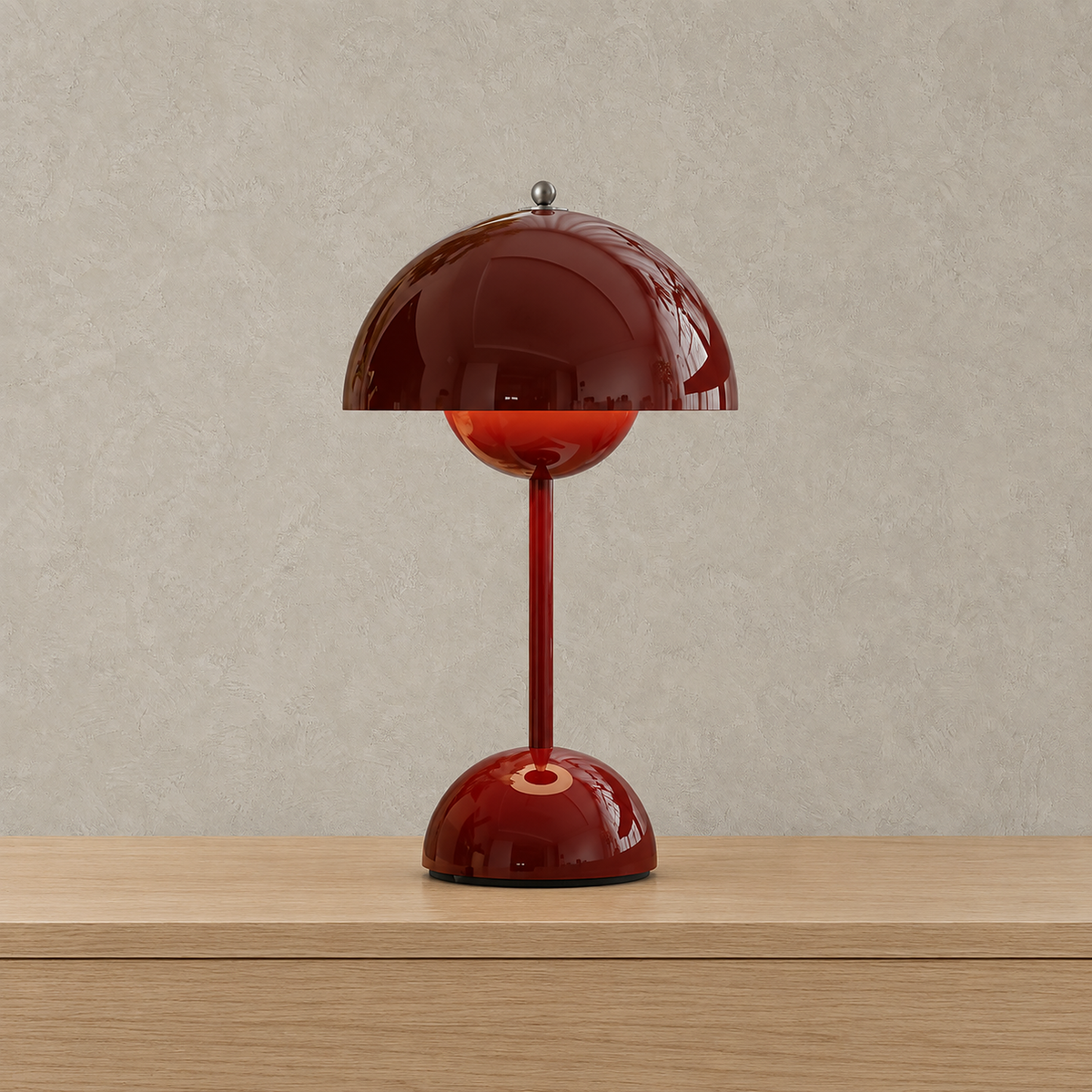 Linoveta red claret rechargeable table lamp, a mushroom shaped lamp with a stable base shown unlit