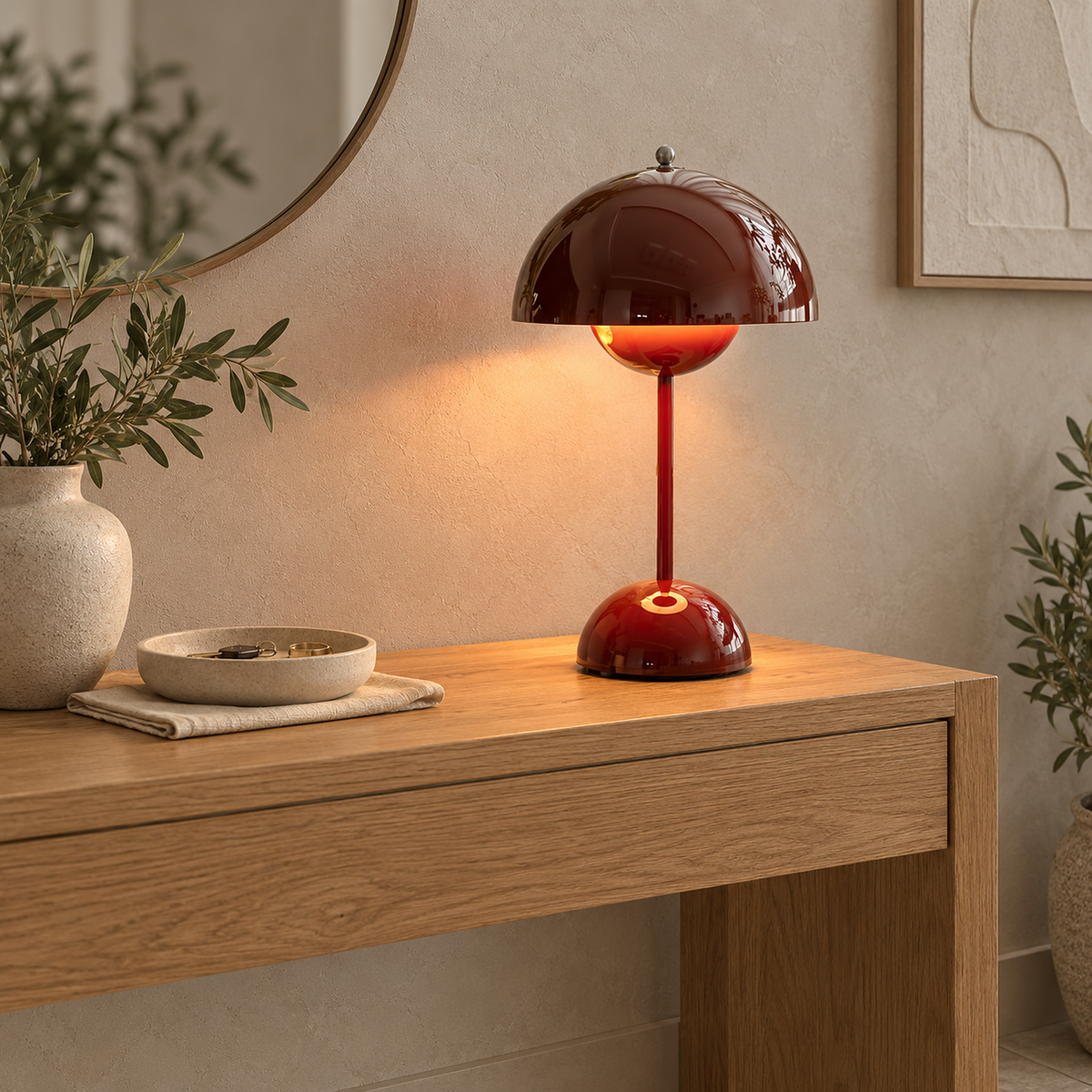 Linoveta red claret rechargeable table lamp lit on an entryway console in daylight