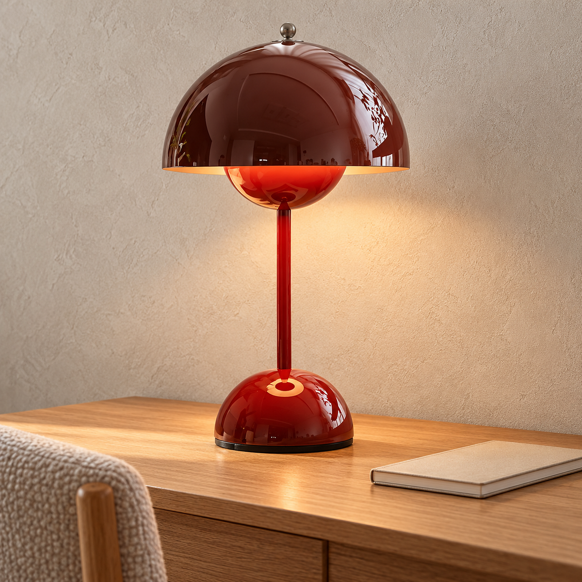 Linoveta red claret table lamp glowing with warm light beside a notebook in a library