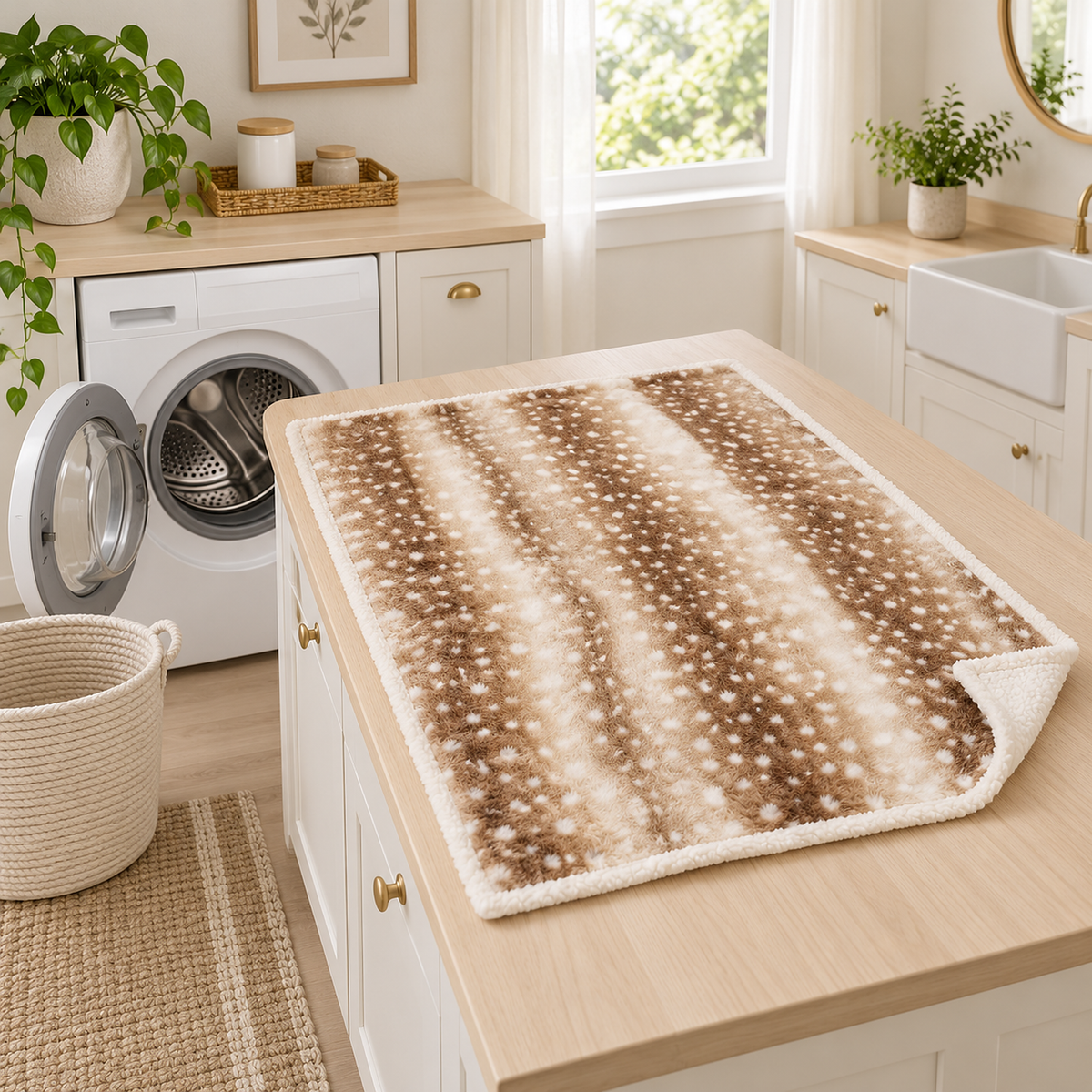 Linsavo brown machine washable throw blanket spread open beside a washing machine in a laundry room