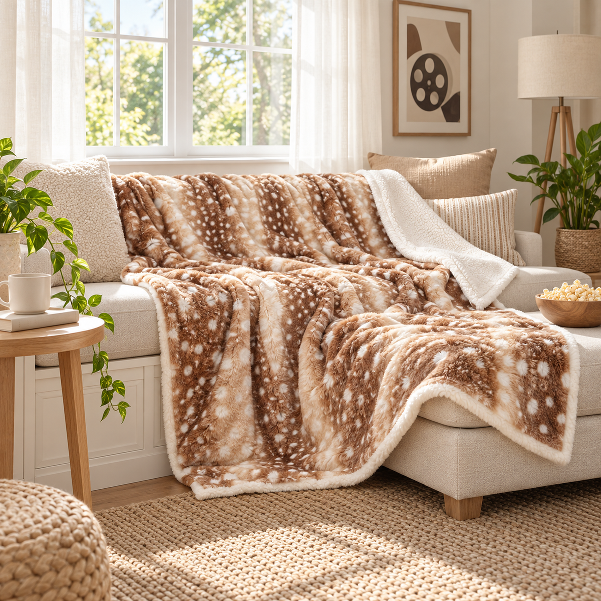 Linsavo brown plush throw blanket, spotted face out on a cushioned window bench ready for movie night
