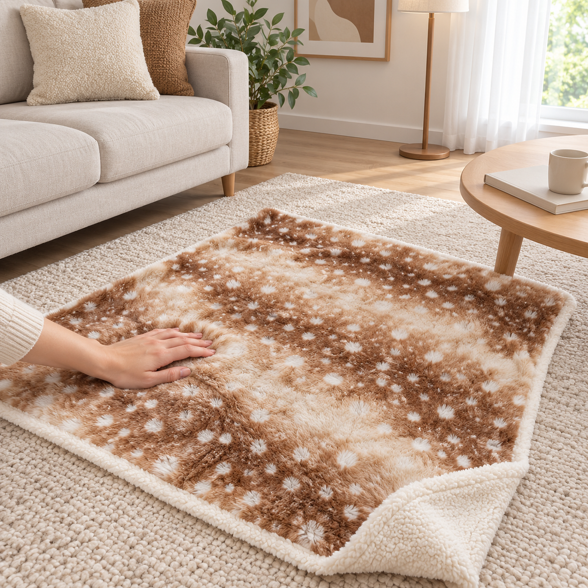 Linsavo brown plush throw blanket with an adult hand gently pressing the spotted plush face