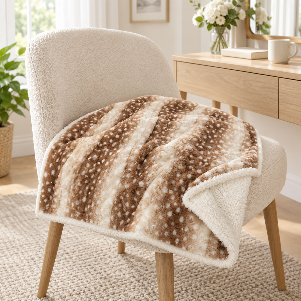 Linsavo brown sherpa throw blanket with one corner turned back to reveal the curly white sherpa reverse
