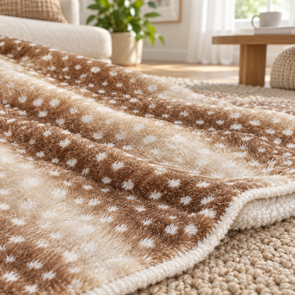 Linsavo brown soft throw blanket, close up of pale spots and cream bands in the plush pile